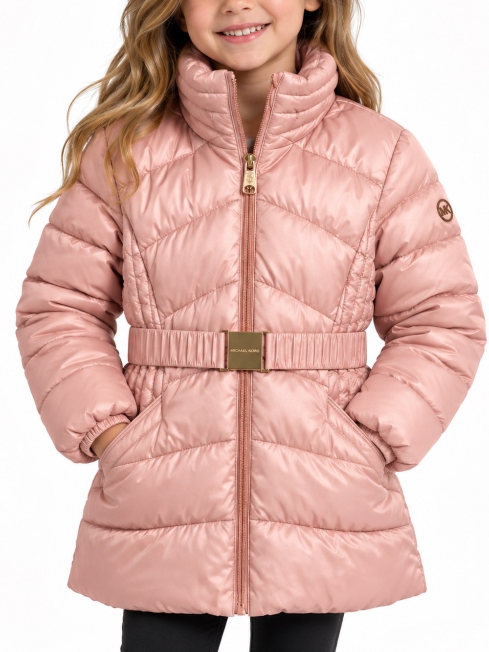 Michael Kors Girls 6X Blush Pink Belted Puffer Coat Jacket